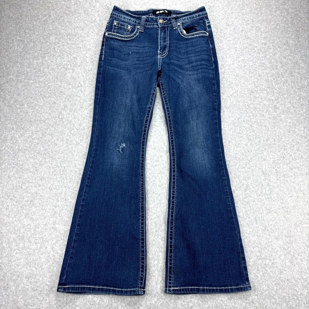 Sky Jeans Women 8 Blue Denim Stretch Angel Wings Rhinestone Whiskering Flare Leg